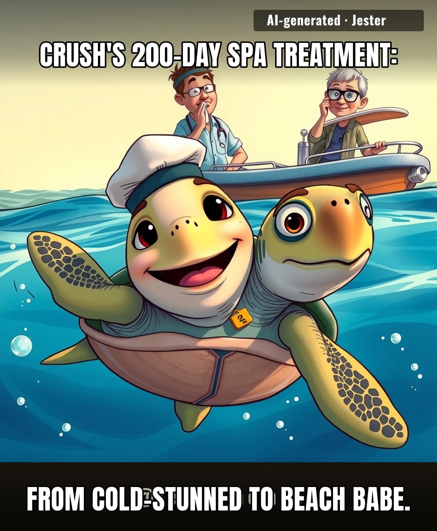 After 200 days of room service, Crush swims off like she's leaving a five-star resort—except the bill is 1,500 miles of ocean.