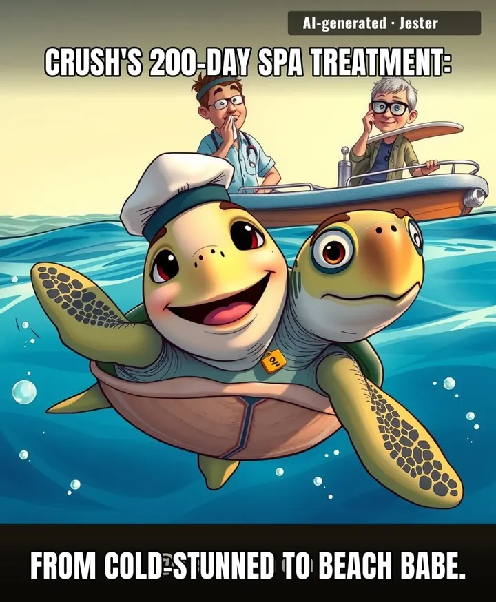 After 200 days of room service, Crush swims off like she's leaving a five-star resort—except the bill is 1,500 miles of ocean.