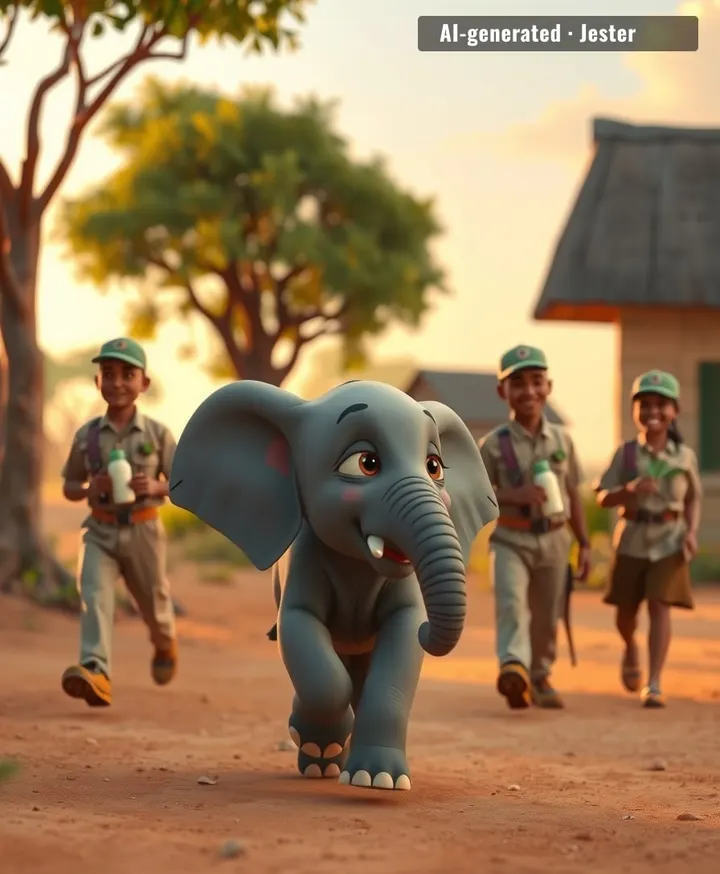 Three grown men, one baby elephant, and she's very clearly the boss of all of them.