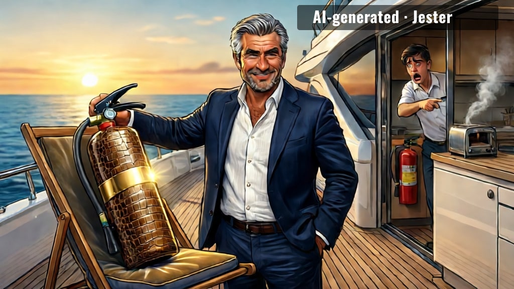 the boat's on fire but the extinguisher matches the drapes