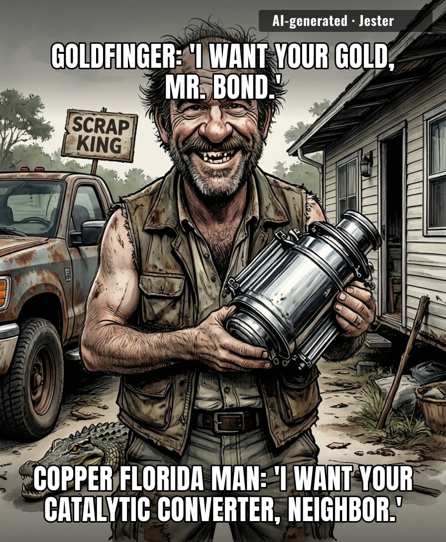 Somewhere out there, a man in a gator vest is building a Bond villain lair out of scrap metal and Waffle House receipts.