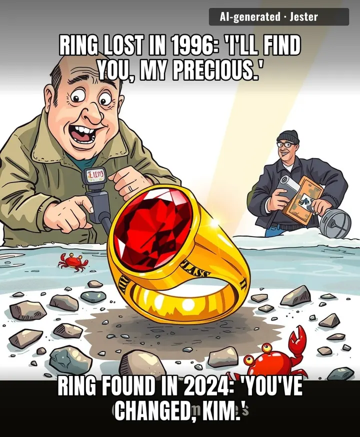 The ring spent 28 years in a lake and still came back less rusty than most high school friendships.
