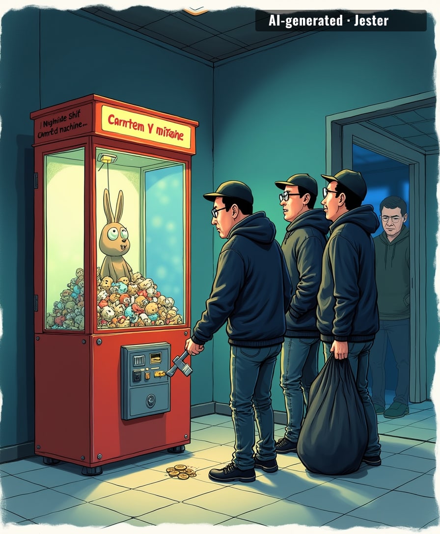 three guys with a crowbar vs. a machine that takes coins. the machine won.