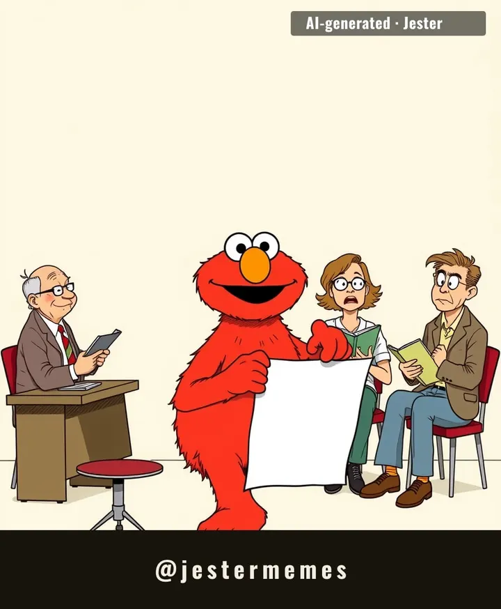 Elmo's first pitch: a character who says everything twice and cries. The writers stand up.
