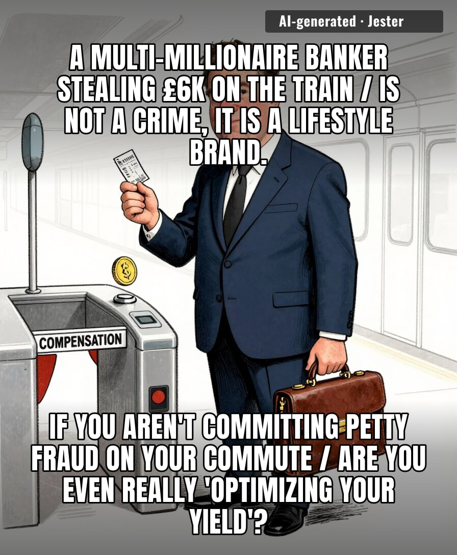 when your career is passive equity, even your crimes are lazy.