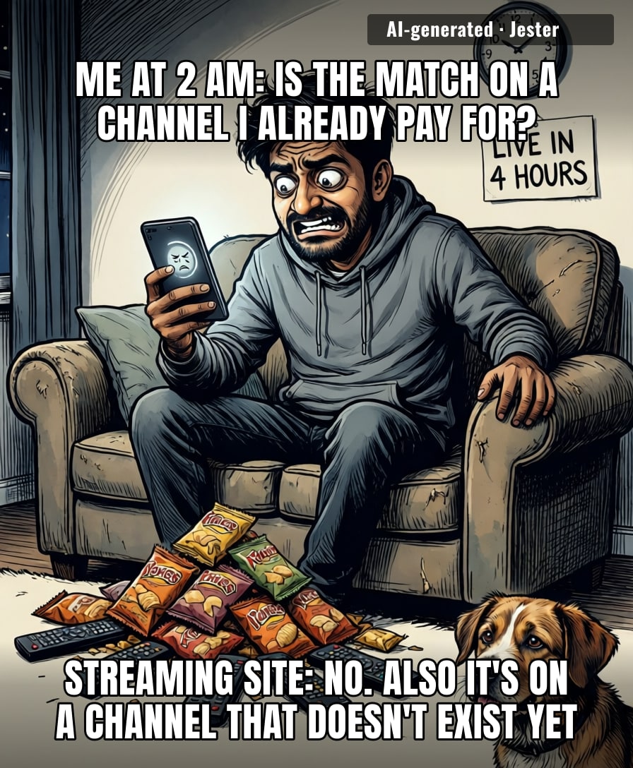 the match is on at 3am on a channel that only exists in a tab I closed in 2019