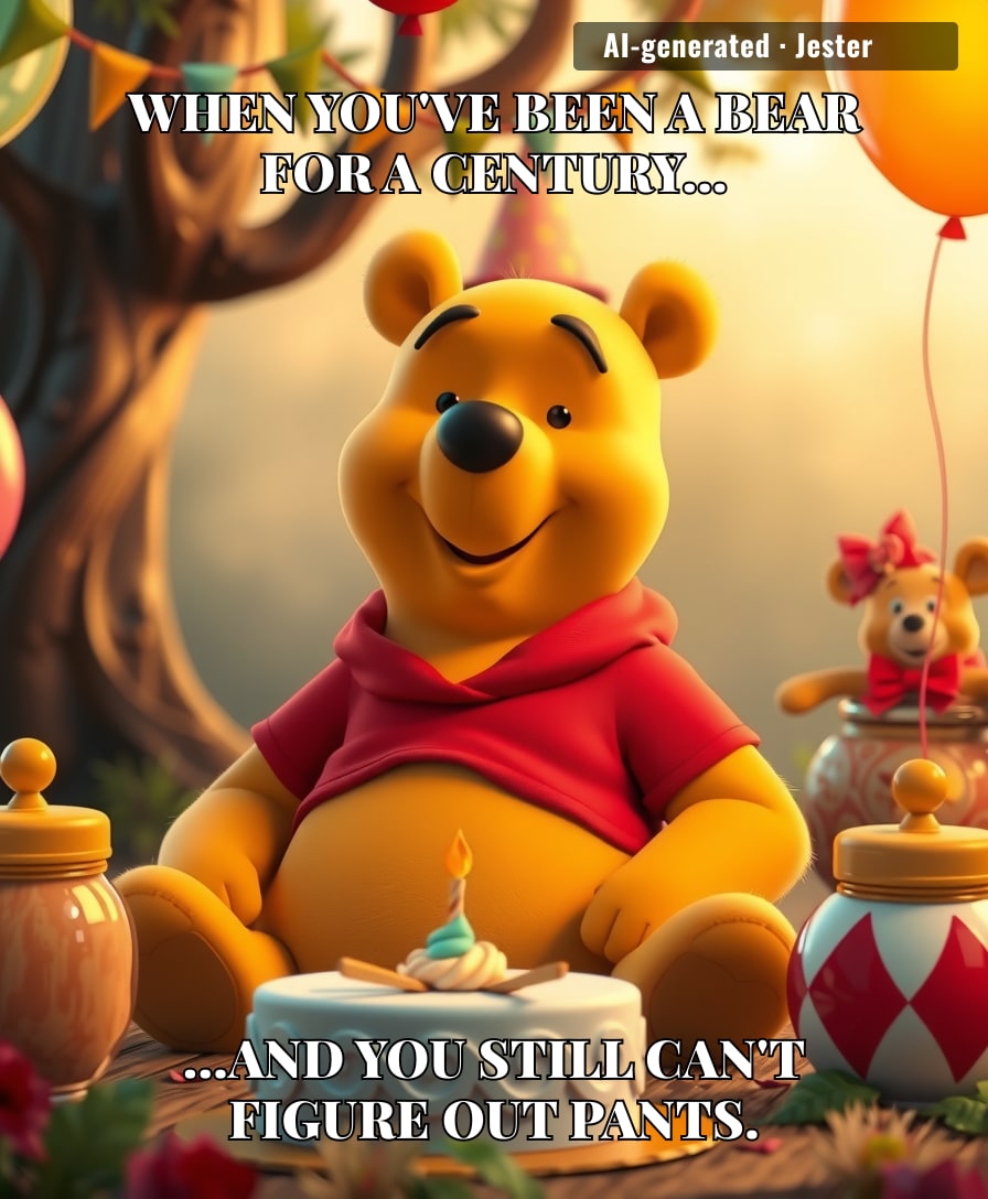 Winnie the Pooh: the only 100-year-old who makes forgetting his trousers look like eternal wisdom.