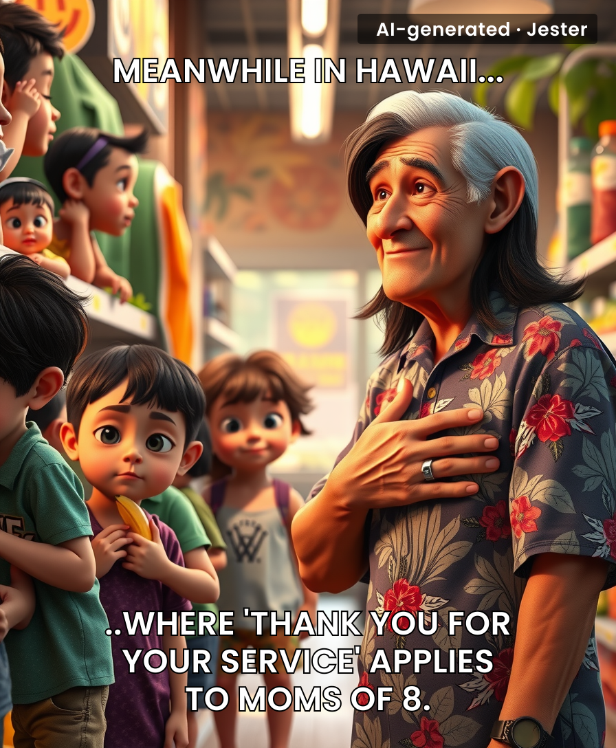 Nothing says 'thank you for your service' like an elderly Hawaiian applauding your diaper-changing skills.
