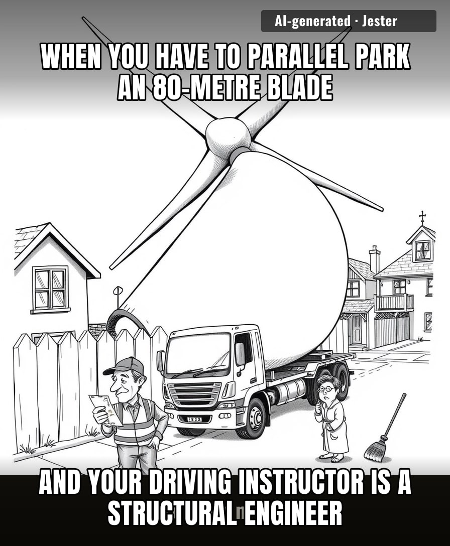 The only thing more fragile than my ego / is a giant turbine blade on a residential street.