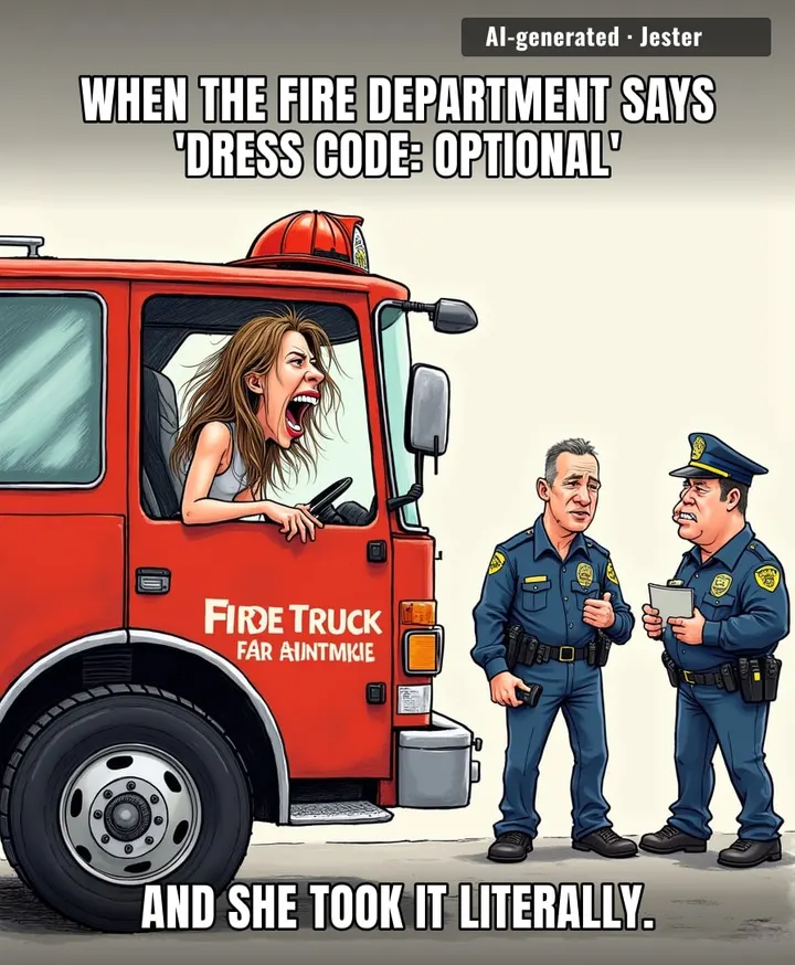 She stole a fire truck to feel something, and honestly? Same energy as me clicking 'claim' on a free trial I'll never cancel.