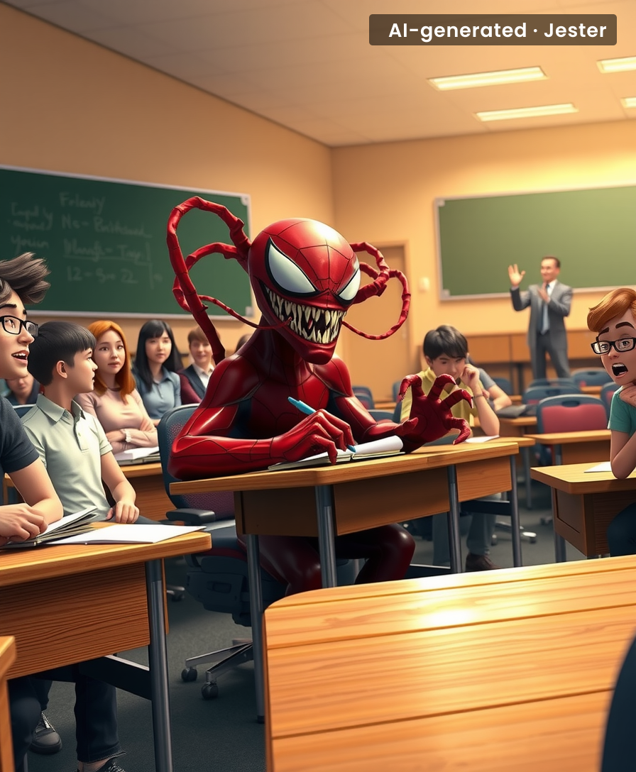 Symbiote on campus — because nothing says 'higher education' like a sentient murder puddle crashing orientation.