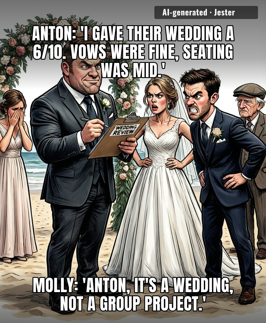 Anton's next career move: Yelp reviewer for other people's marriages.