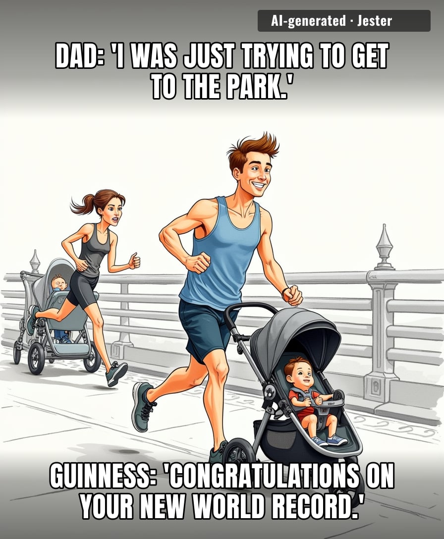 My dad can't find his glasses while wearing them, and this guy is out here breaking records with a baby in tow.