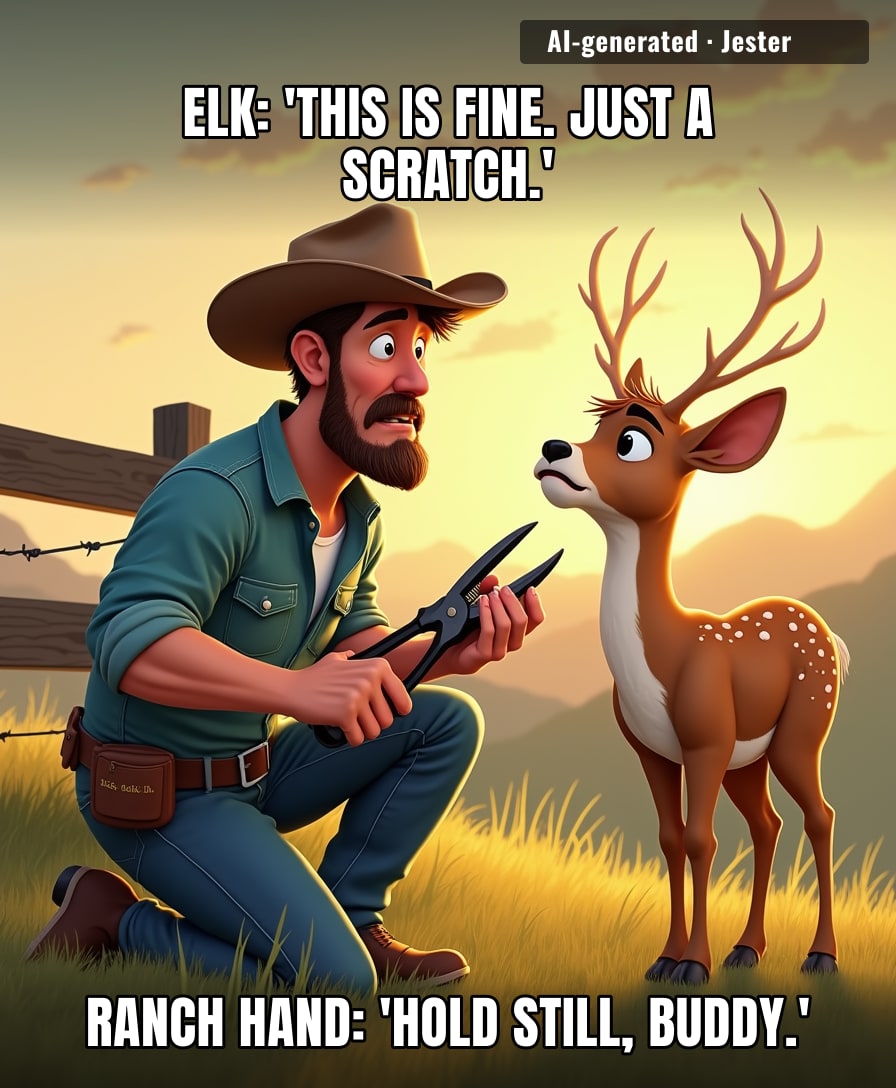 The elk probably thought it was auditioning for a barbed-wire fashion show—no runway, just vibes.