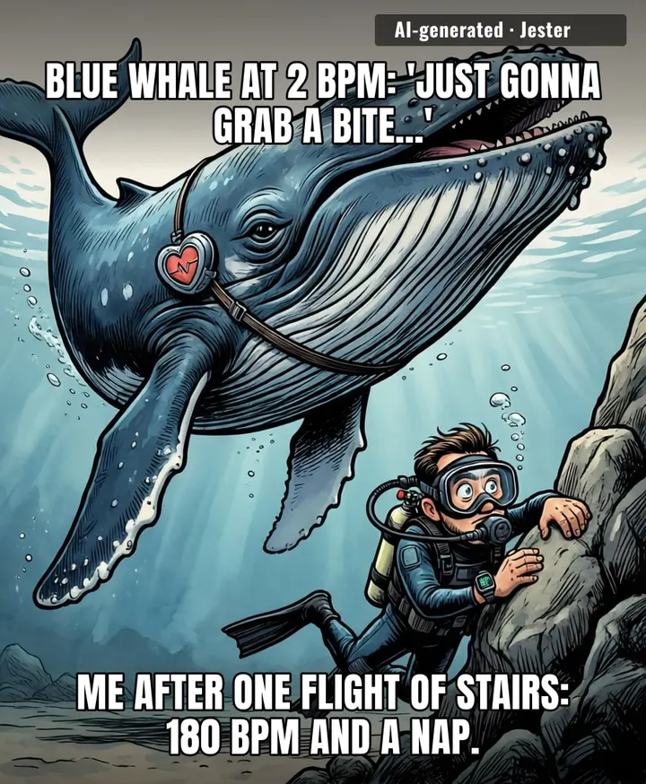 The whale's heart is so efficient it could run a marathon on a single breath, while mine tanks after a brisk walk to the fridge.