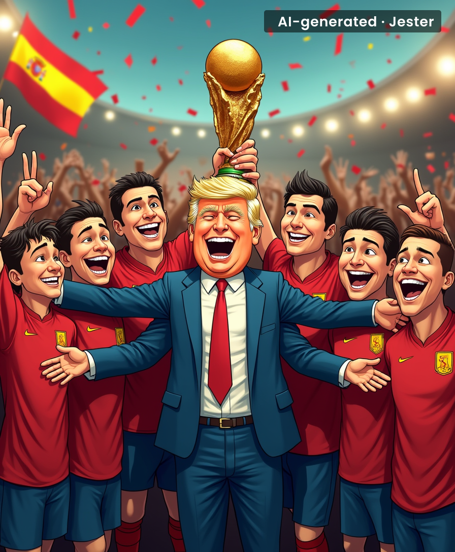 The only thing longer than Spain's victory parade is Trump's arms reaching into the frame.