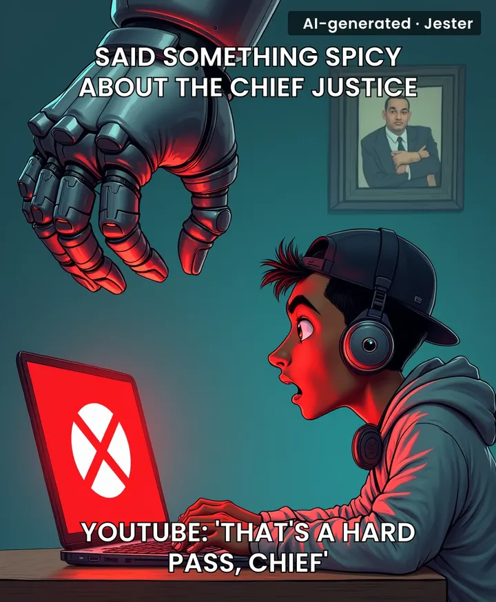 Santy Sharma just learned that YouTube's 'free speech' policy has a 'don't talk about the judge' loophole.