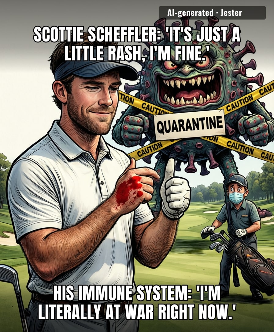 The only person with both a green jacket and a doctor's note for a toddler disease.