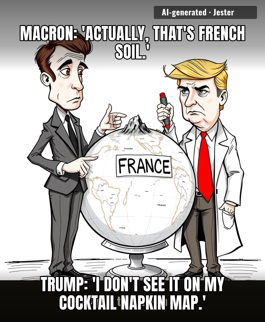 Macron treating a tiny island like the Holy Grail while Trump treats the entire planet like a coloring book is the peak 2026 content I didn't know I needed.