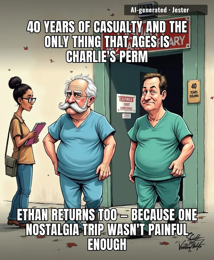 Charlie and Ethan walk back into the ER and the receptionist asks, 'Name and date of birth?' — Charlie replies, 'I'm the reason this place has a 40th anniversary.'