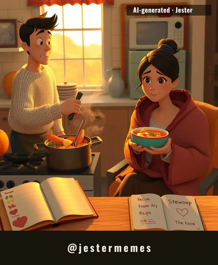 A pot of stew named 'Stewoop,' and a wife who'll eat it no matter what — that's a keeper recipe.