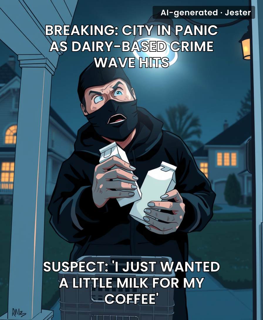 Stealing milk at 5am is the crime equivalent of typing 'URGENT' in a group chat about lunch plans.