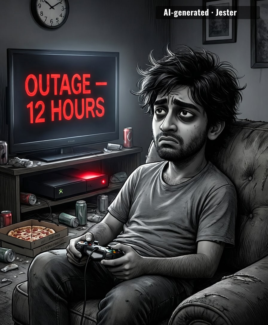Xbox Live goes down for 12 hours, and suddenly the only thing more broken than the servers is the gamers’ will to live.