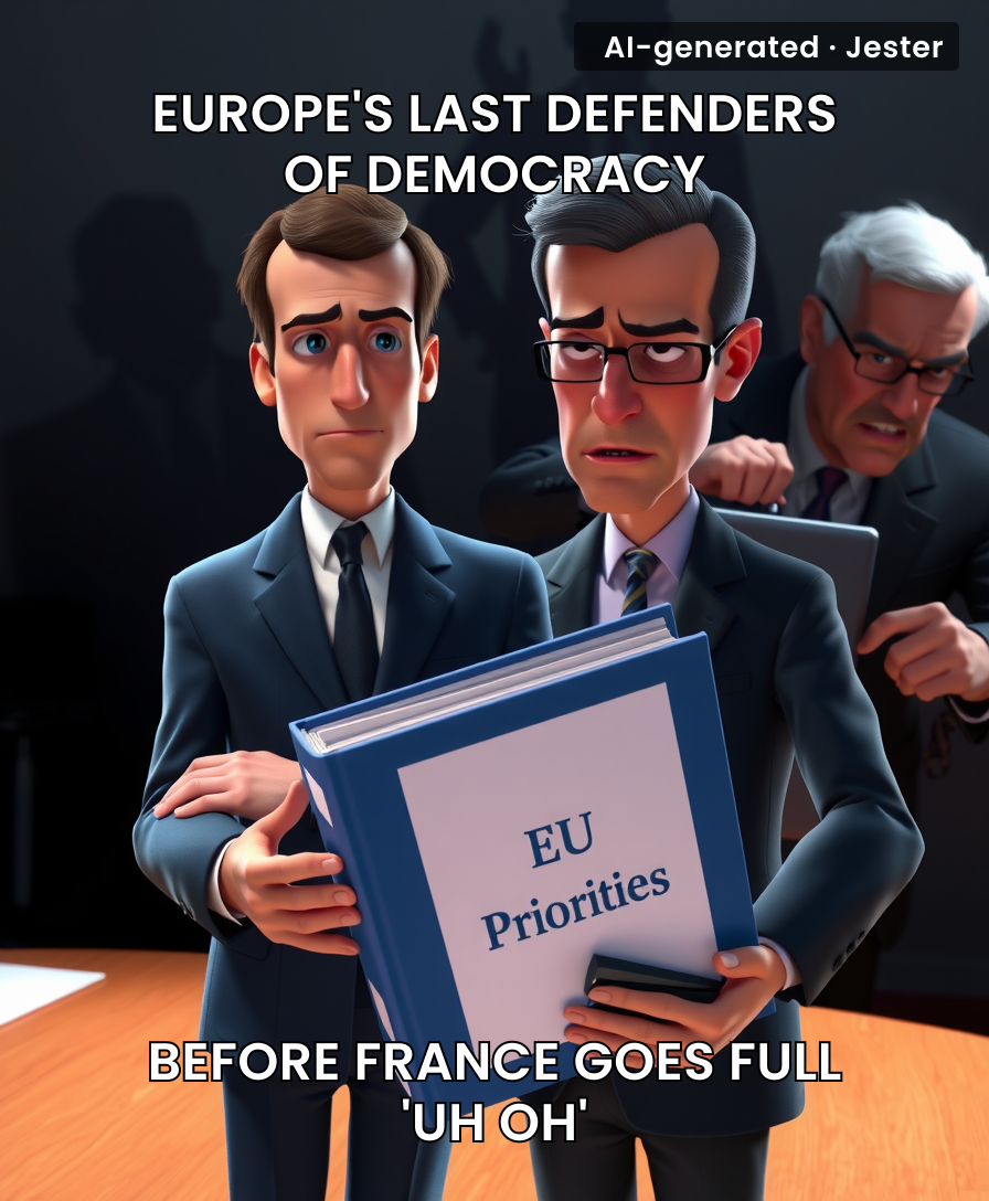 Macron and Merz are now furiously plugging EU priorities like they're trying to finish a group project before the class anarchist takes over.