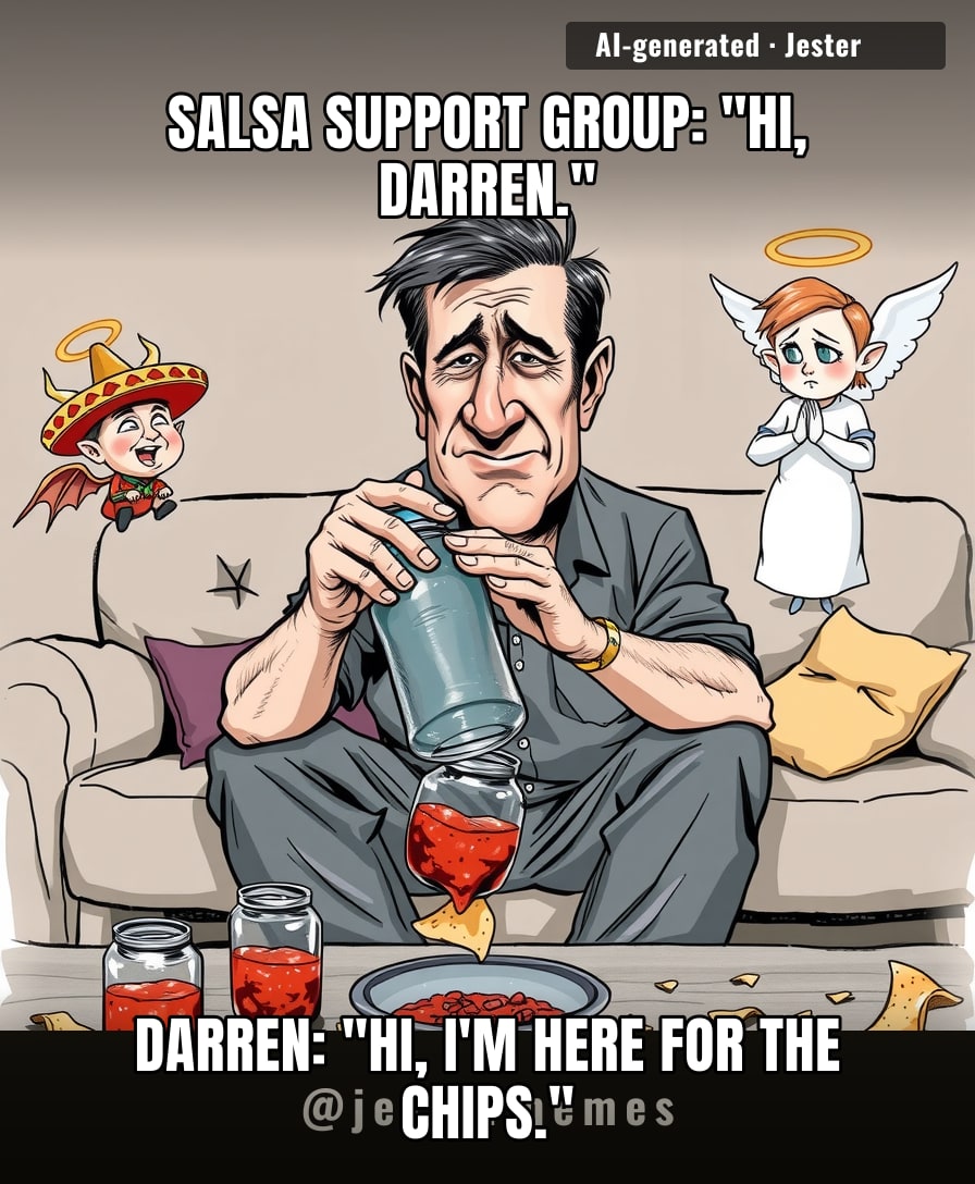 Darren's gonna need a bigger sink — that salsa's got a chokehold on his whole personality.