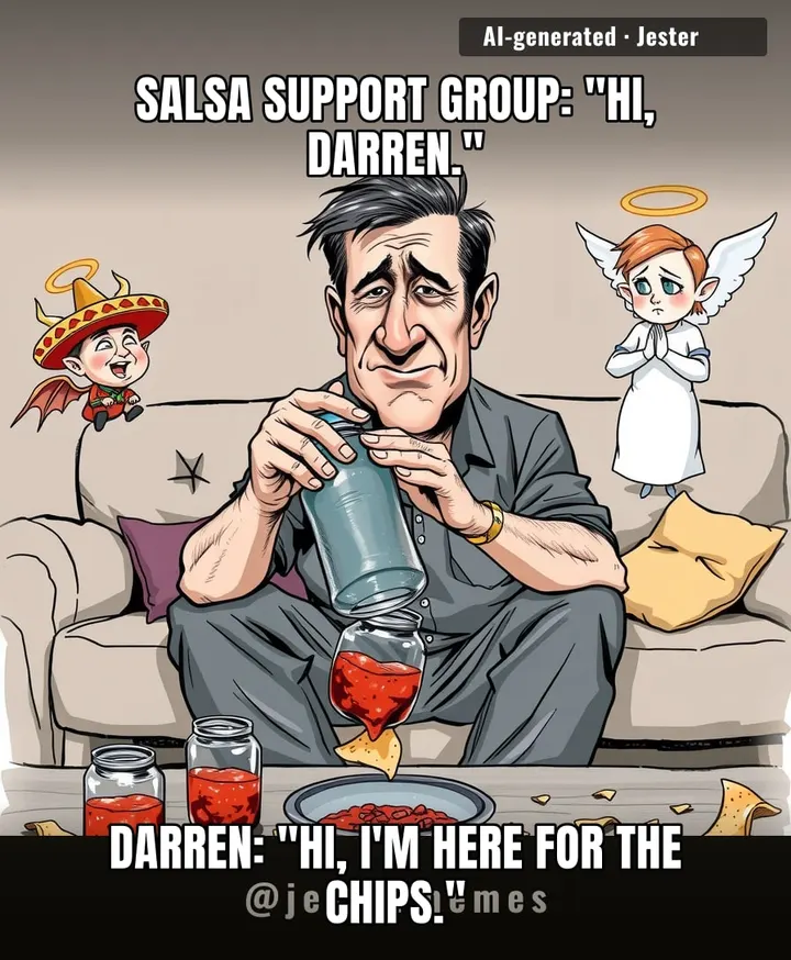 Darren's gonna need a bigger sink — that salsa's got a chokehold on his whole personality.