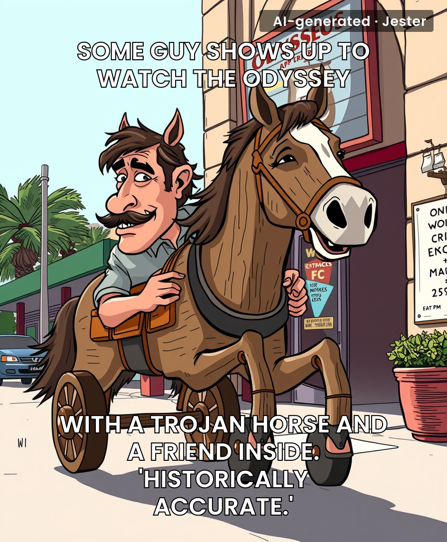 This guy's commitment to historical accuracy is only matched by the security guard's commitment to not letting a horse through the turnstile.