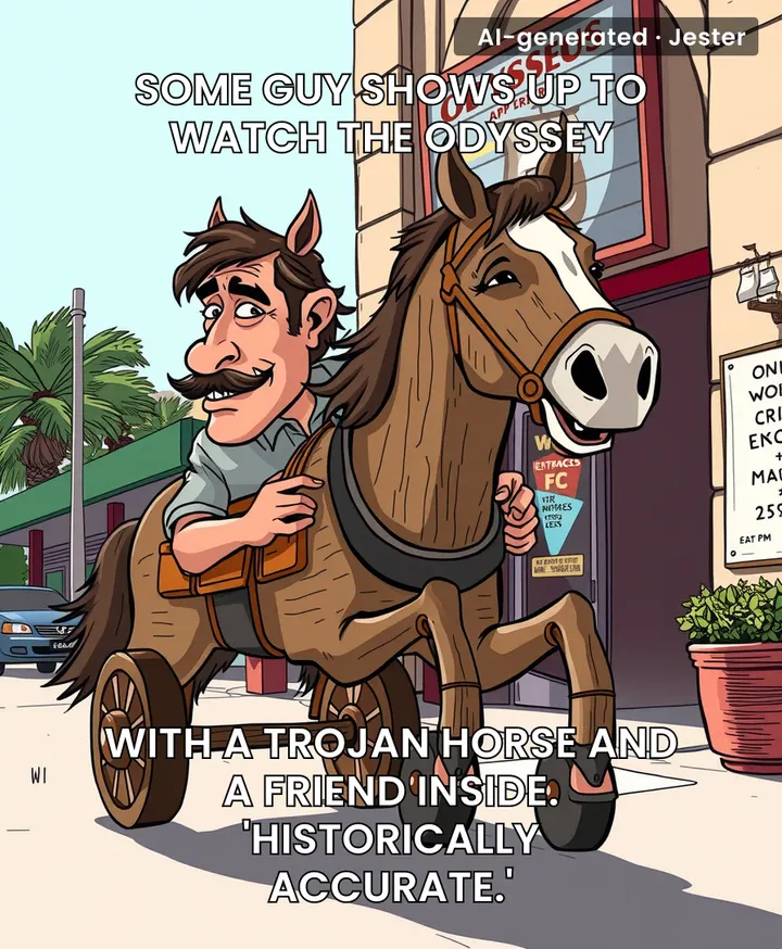 This guy's commitment to historical accuracy is only matched by the security guard's commitment to not letting a horse through the turnstile.