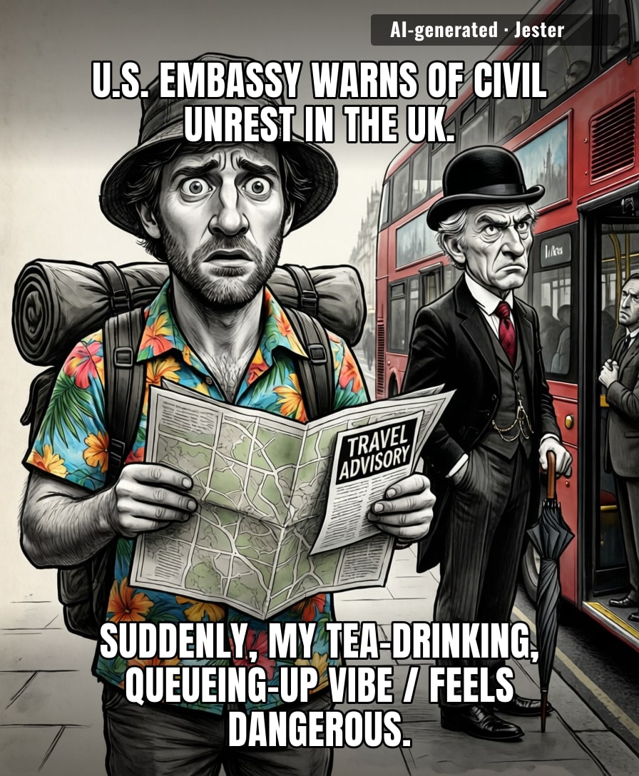 The U.S. issuing a travel advisory for the UK is like your younger brother trying to give you safety tips on how to handle the family reunion.