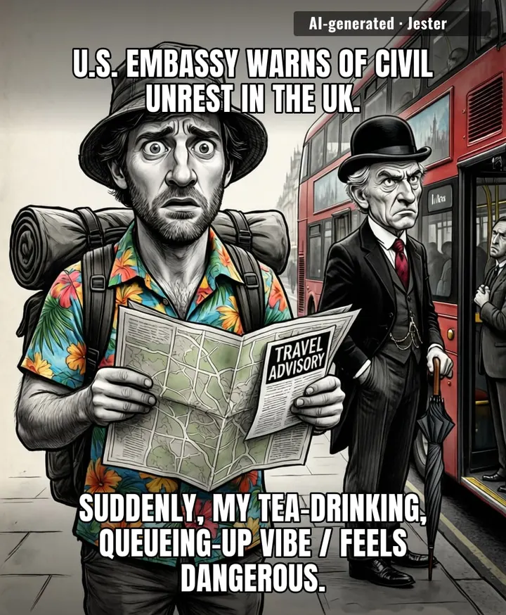 The U.S. issuing a travel advisory for the UK is like your younger brother trying to give you safety tips on how to handle the family reunion.