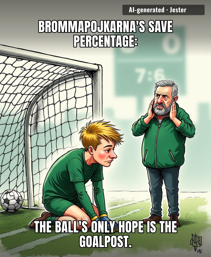 Brommapojkarna's keeper is so used to picking the ball out of the net, he's started asking for a receipt.