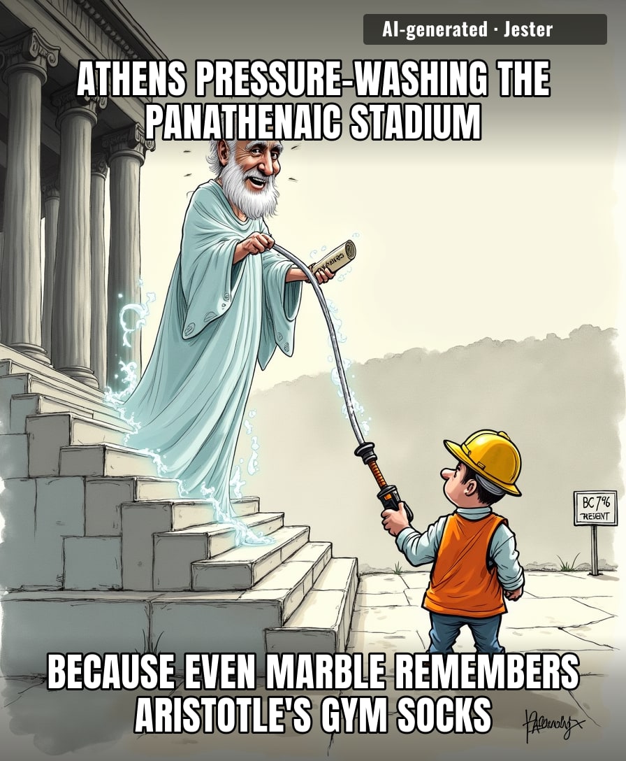 Somewhere in Athens, a pressure washer is fighting a 2,400-year-old losing battle against the ghost of a philosopher's BO.