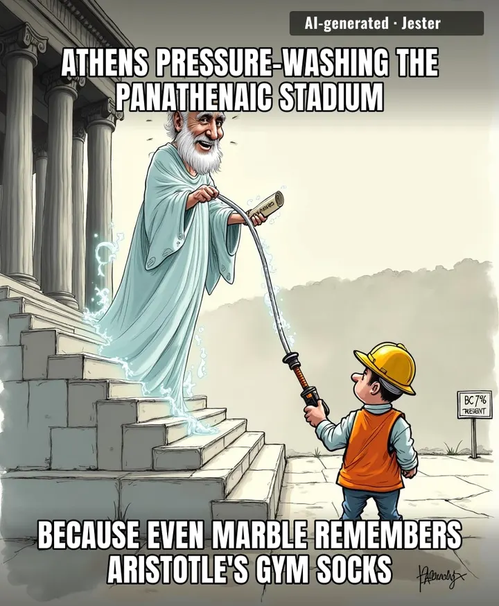 Somewhere in Athens, a pressure washer is fighting a 2,400-year-old losing battle against the ghost of a philosopher's BO.