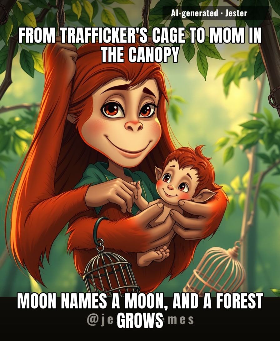 Bulan the orangutan went from a smuggler's crate to cradling her own little full moon — Badar — and the forest is finally winning one back.