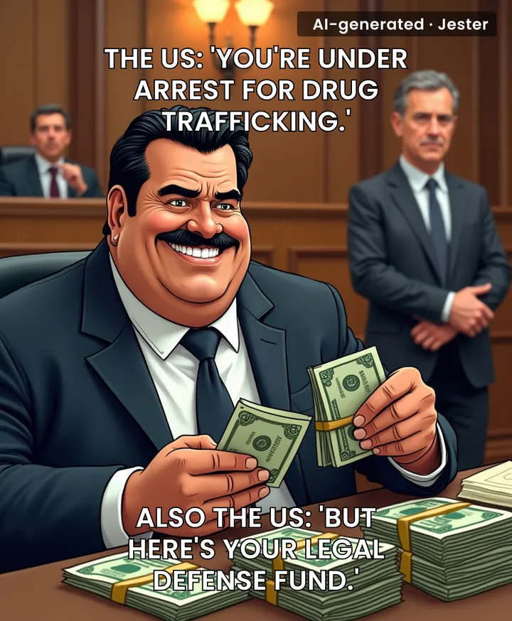 Maduro's prosecution is literally bankrolling his alibi — that's a new kind of 'my bad'.