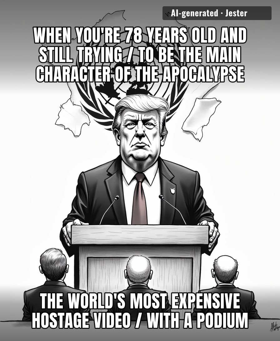 Trump treating the UN General Assembly like a Reddit thread where he's the only one who didn't get the ban message.
