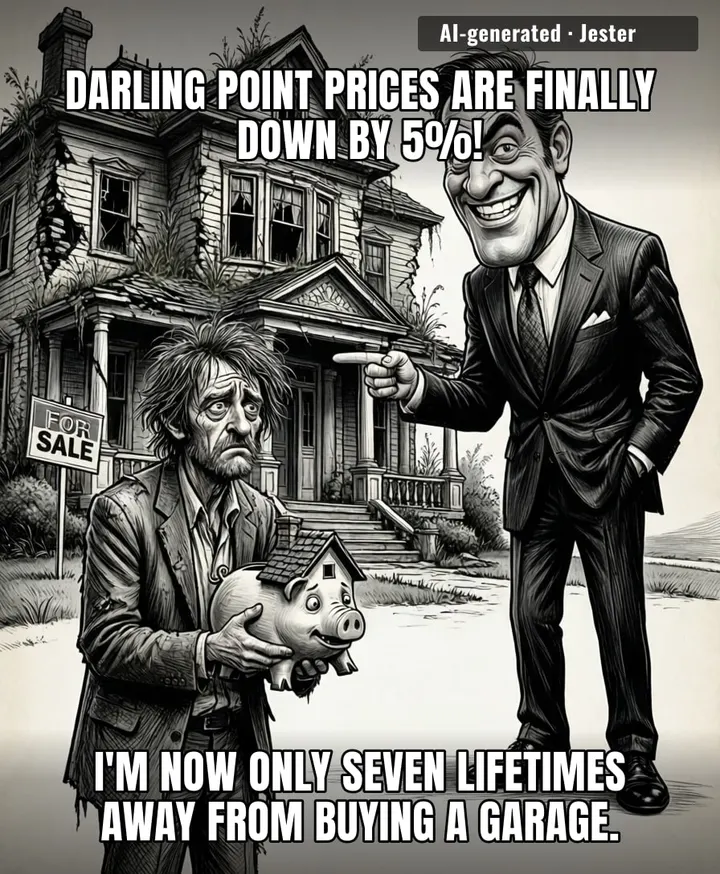 The only thing more delusional than a Sydney real estate agent is my bank account's belief that a 5% drop makes a $10 million tear-down 'affordable'.