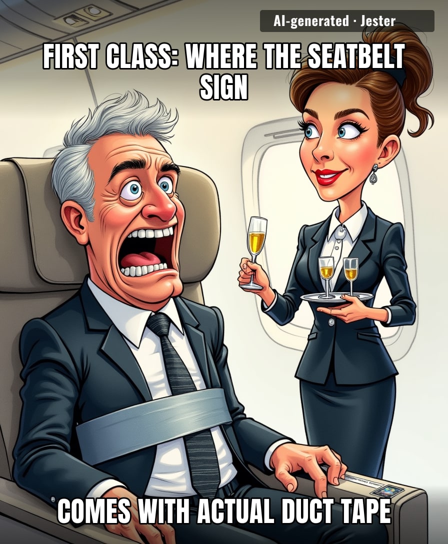 Flying first class now means getting taped down like a priceless vase—must be the new premium upsell.