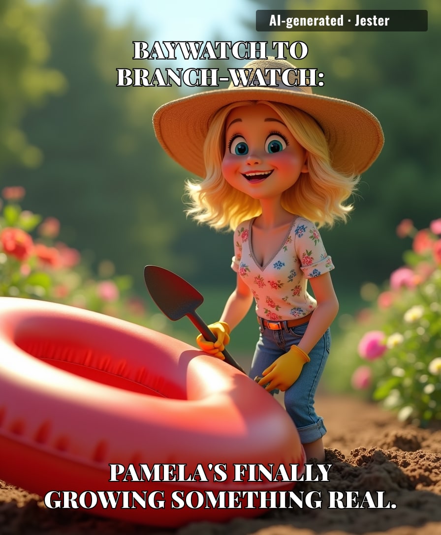 She swapped the red swimsuit for gardening gloves, and honestly, the soil looks better on her.