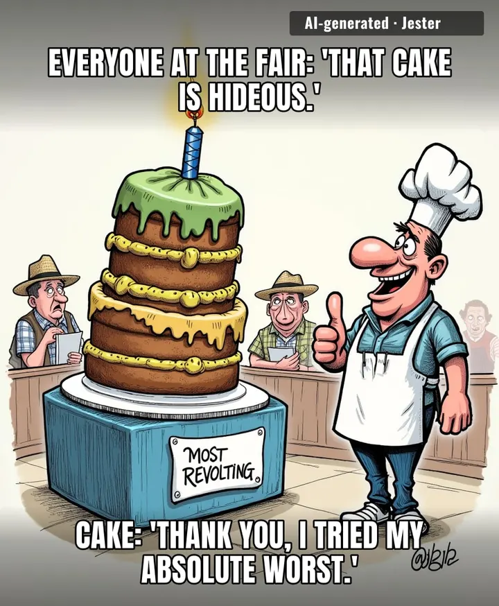 Finally, a contest where my baking skills could win a blue ribbon — if only they judged by how sad the cake looks.