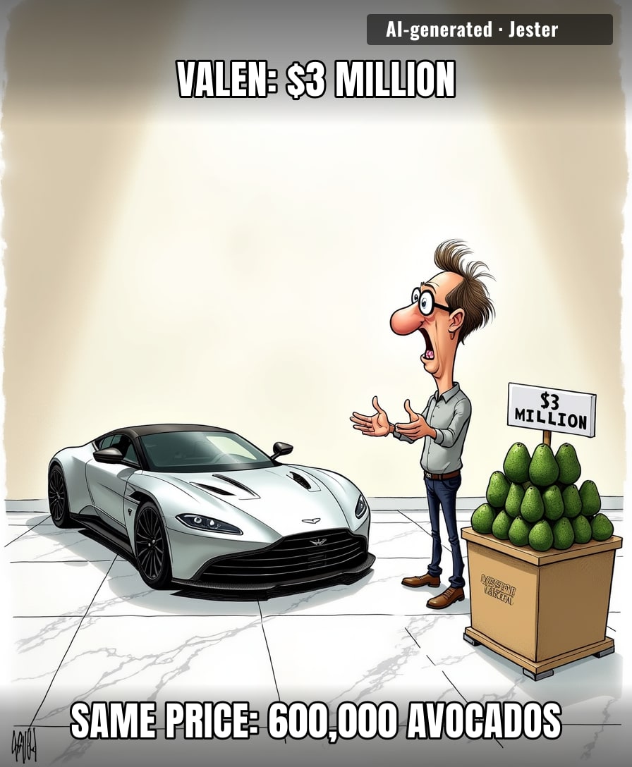 For the price of one Aston Martin Valen, you could buy 60,000 lifetime supplies of 'I'm rich' and still have change for a sense of humor.