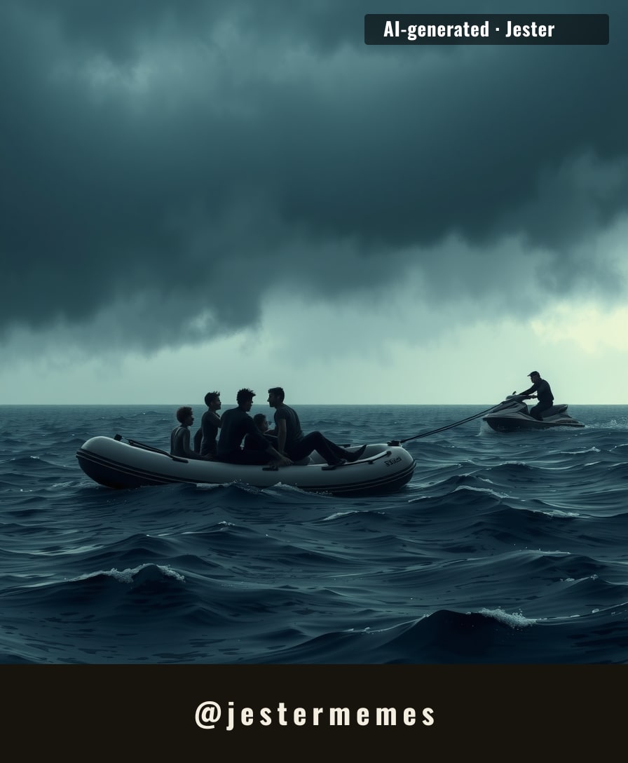 A moment that lays bare the desperation of migration and the absurdity of rescue at sea.