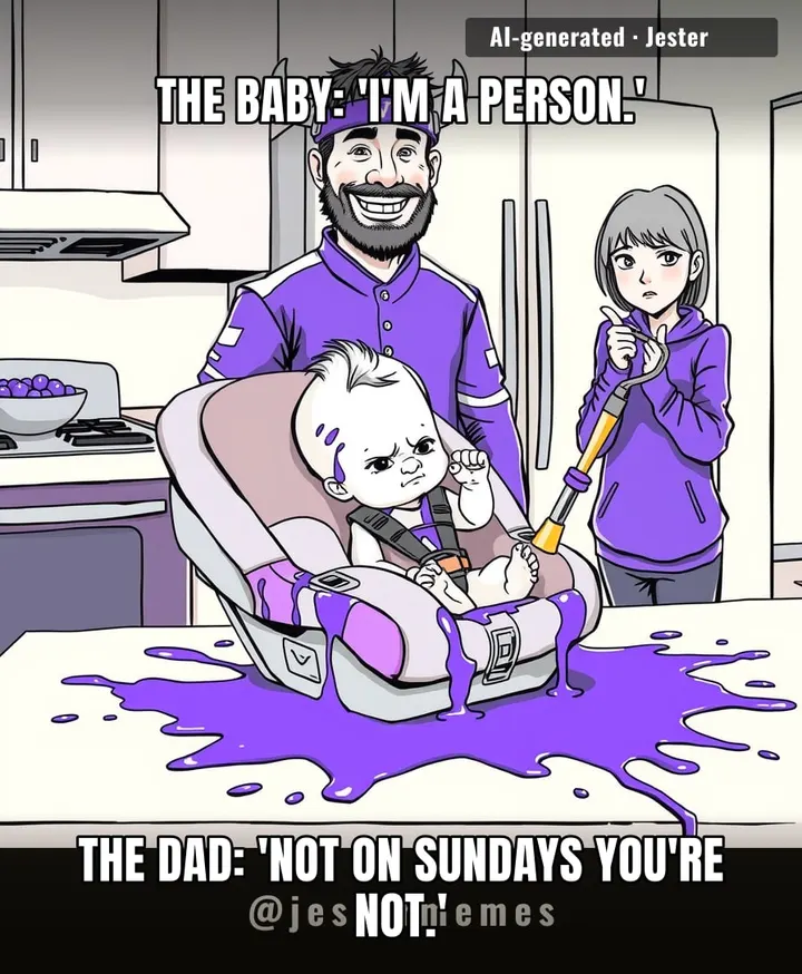 This kid is gonna grow up thinking 'skol' is a word and 'purple' is a skin tone.