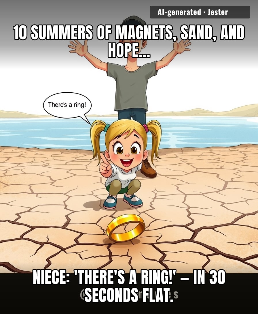 The lake receded 30 feet, but a 9-year-old's eagle eyes did what a decade of magnets couldn't. Family lore, indeed.