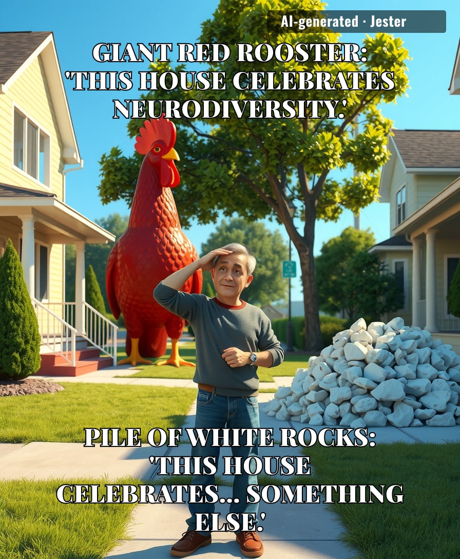 The autism rooster is the only yard decor that gets fewer awkward questions than a pile of white rocks.