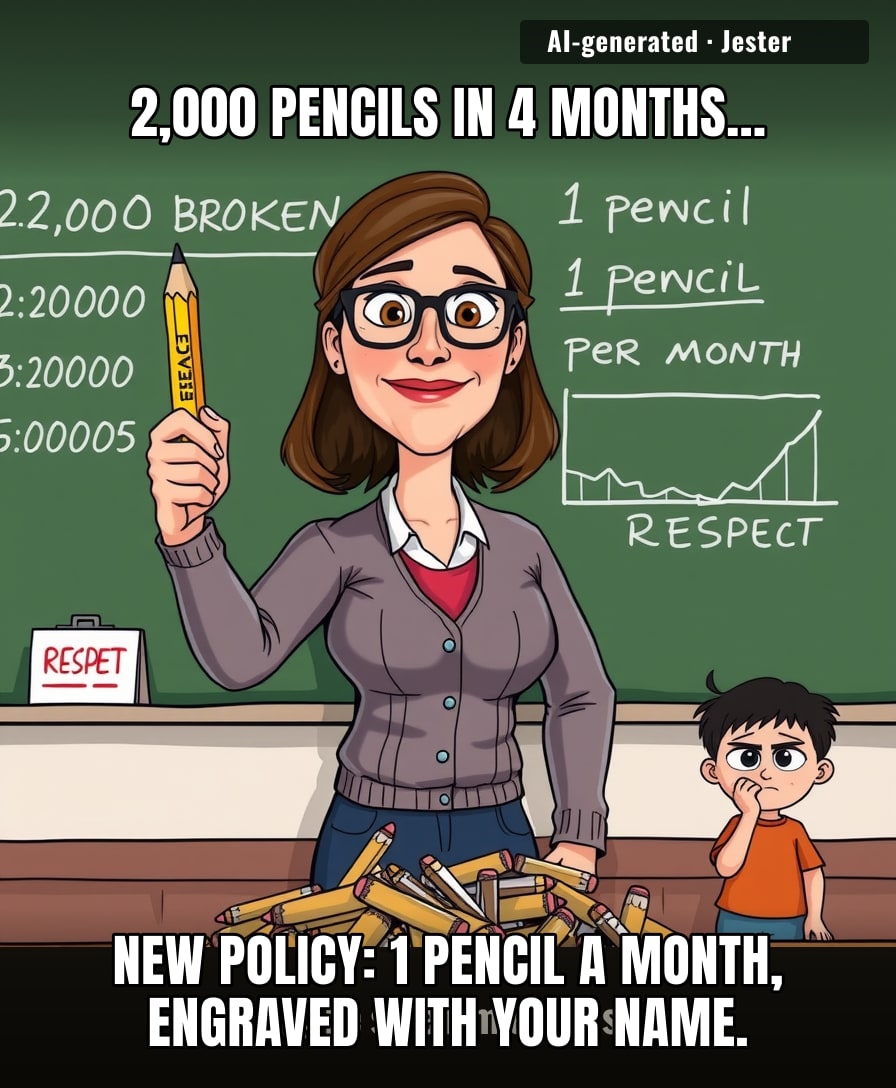 Turns out the real lesson wasn't about pencils—it was about making kids treat a 50-cent stick like it's their first car.
